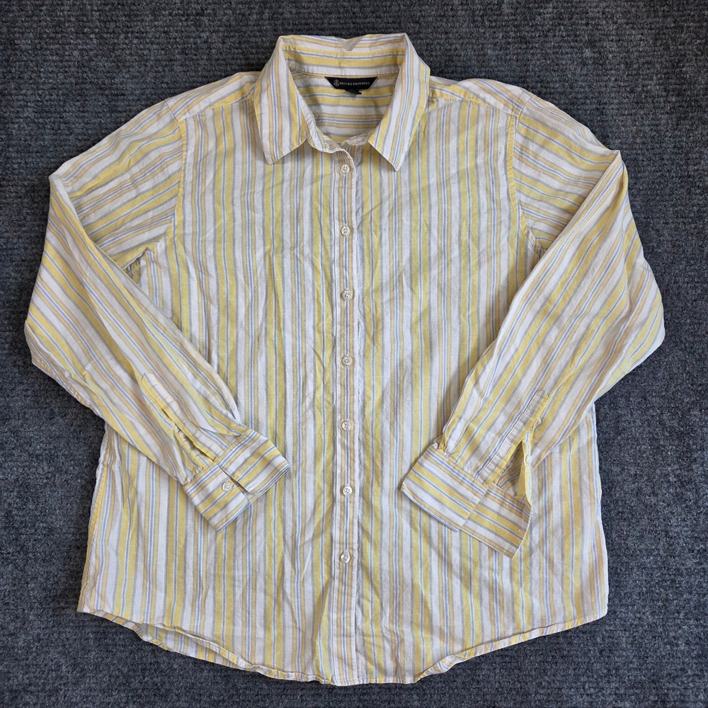 Brooks Brothers Linen Cotton Striped Button Down Shirt Yellow Blue Womens 16